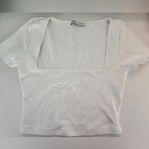 Zara White Short Sleeve Square Neck Crop Top
